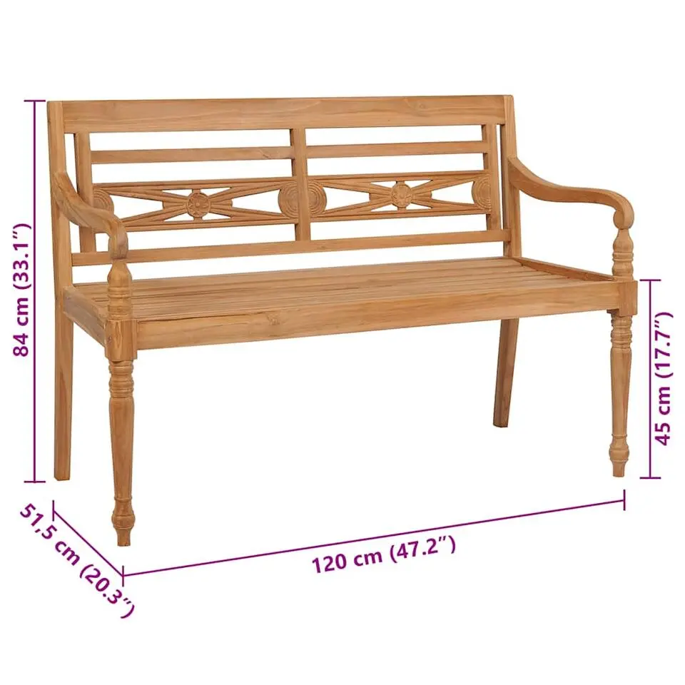 vidaXL - Bank Batavia met zwart kussen - Teakhout - 120x51.5x84 cm