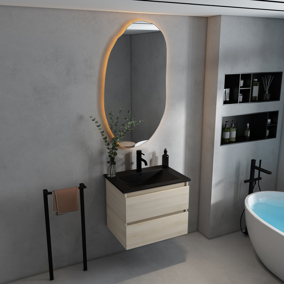 Fontana Rovigo badmeubel 60cm met zwarte wastafel en kraangat beach eiken
