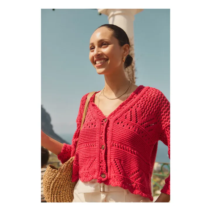 Alma Deia Cardigan Maille Crochet en Coton | Rouge framboise