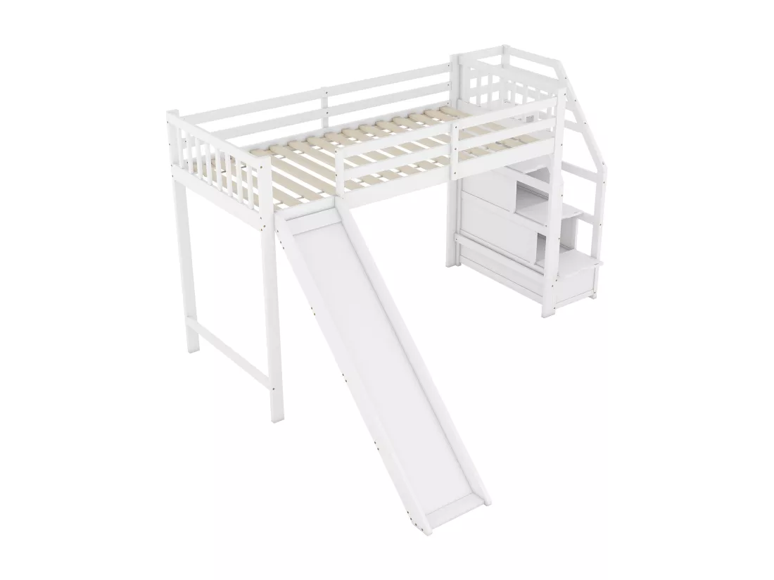 Lit mezzanine 90x200cm en bois de pin - avec toboggan et échelle de rangement - Blanc