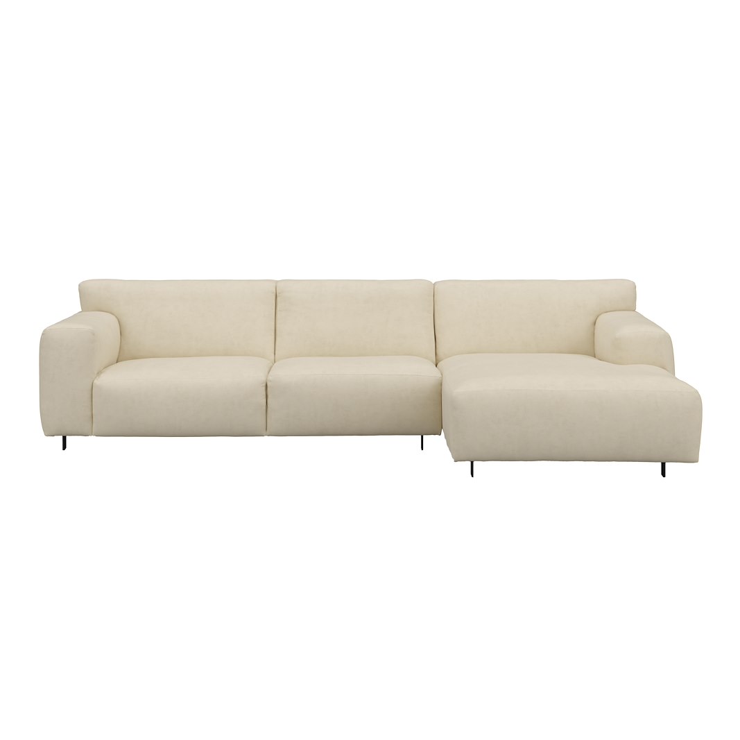 Vesta 2,5-seter med sjeselong høyre I Tekstil Velvety Ivory, standardsøm, sort metallben 10 cm, Comfort CM