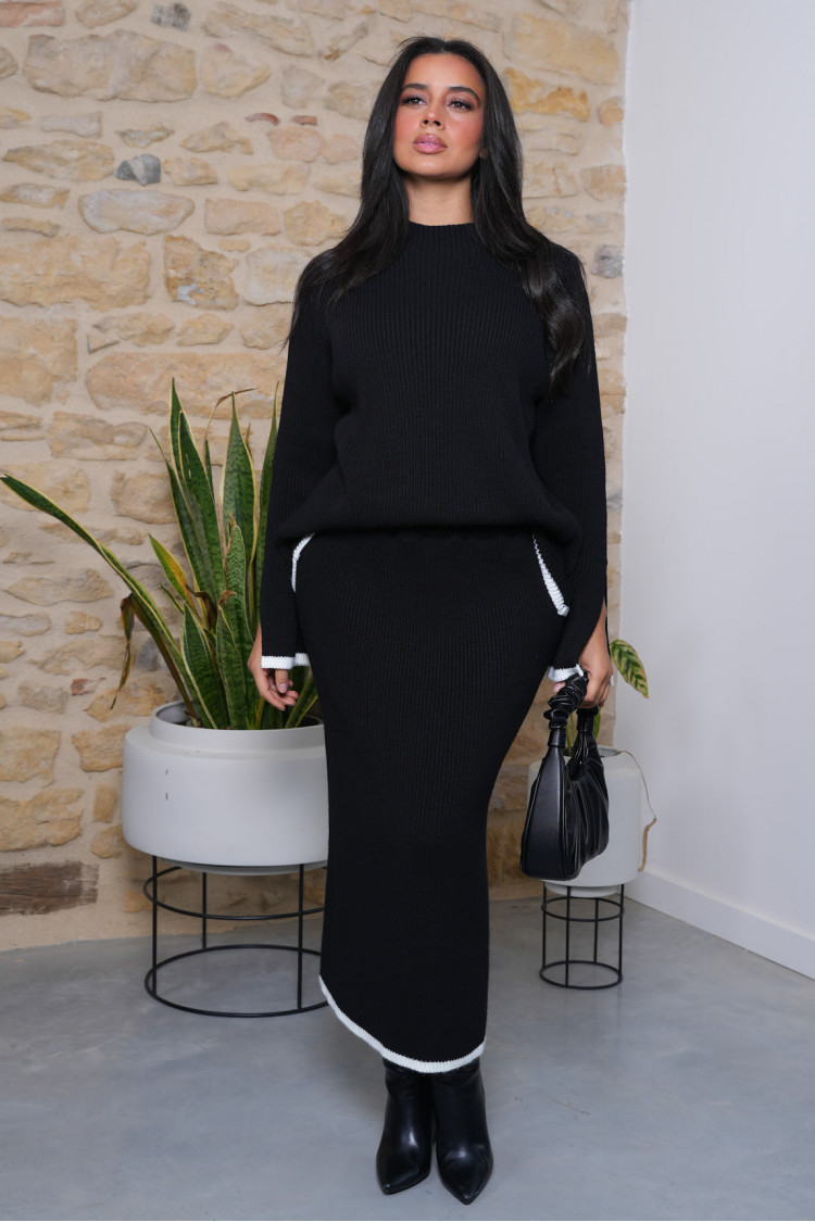 Ensemble 2 pièces pull + jupe en maille noir et beige