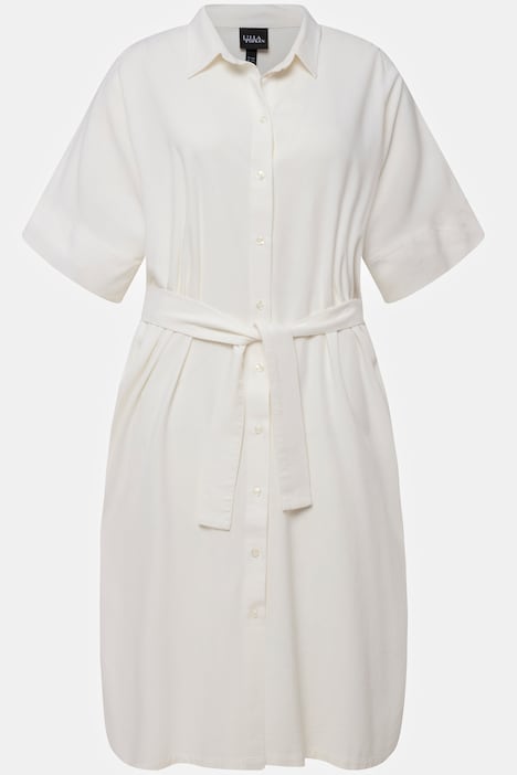 Midikleid, Leinenmix, Hemdkragen, Gürtel, Halbarm