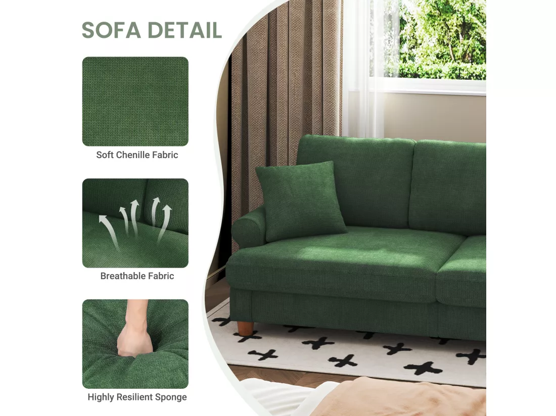 Canapé confort 3 places, Tissu en Chenille, avec accoudoirs,coussins et 2 oreillers, Charge max 365 kg - 220x76x86 cm