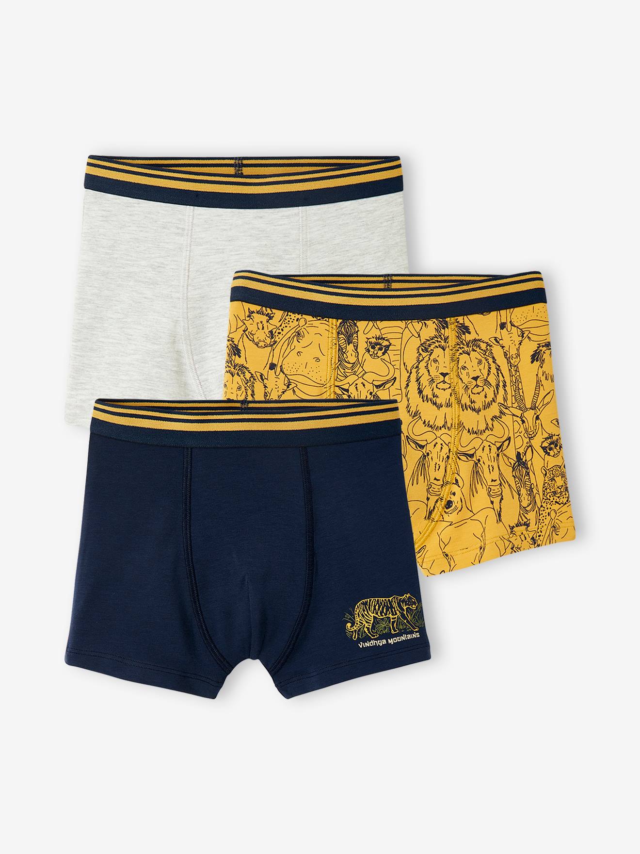 Pacote com 3 cuecas boxer Safari, tamanho médio, estampa amarela.