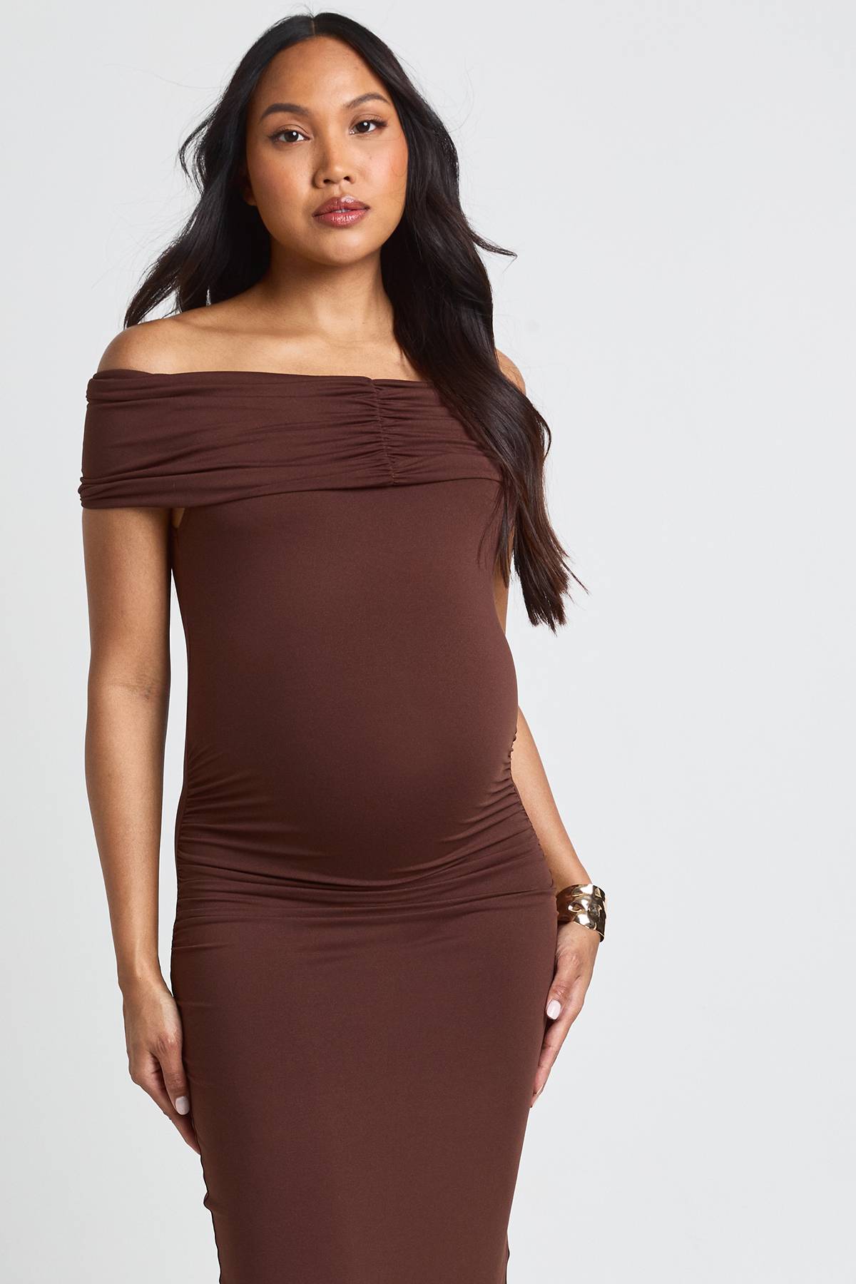 boohoo Robe Maxi De Maternité Bardot Froncée