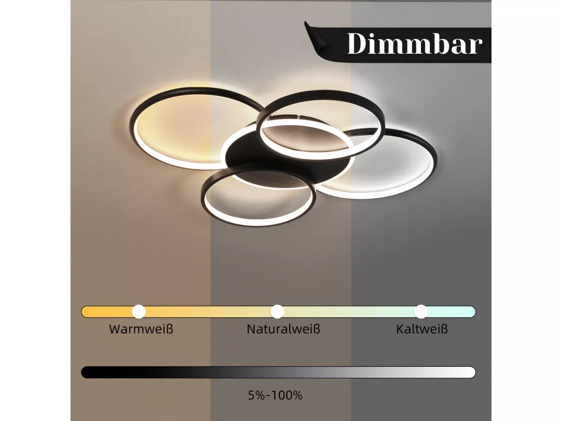 NETTLIFE Plafonnier LED salon dimmable 70W avec télécommande 5 anneaux blanc moderne acrylique