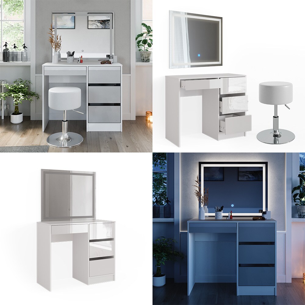 Vicco Schminktisch Sherry 90x75cm, Weiß, Frisiertisch mit Hocker + LED-Spiegel