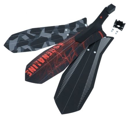 GARDE BOUE VTT AR 26 -27.5 -29  HEBIE SWAP MIX ADRENALINE RESINE ARTICULE AVEC 3 LAMES COULEUR NOIR-ROUGE   NOIR-GRIS CAMOUFLAGE ET NOIR (FIXATION SUR TIGE DE SELLE)