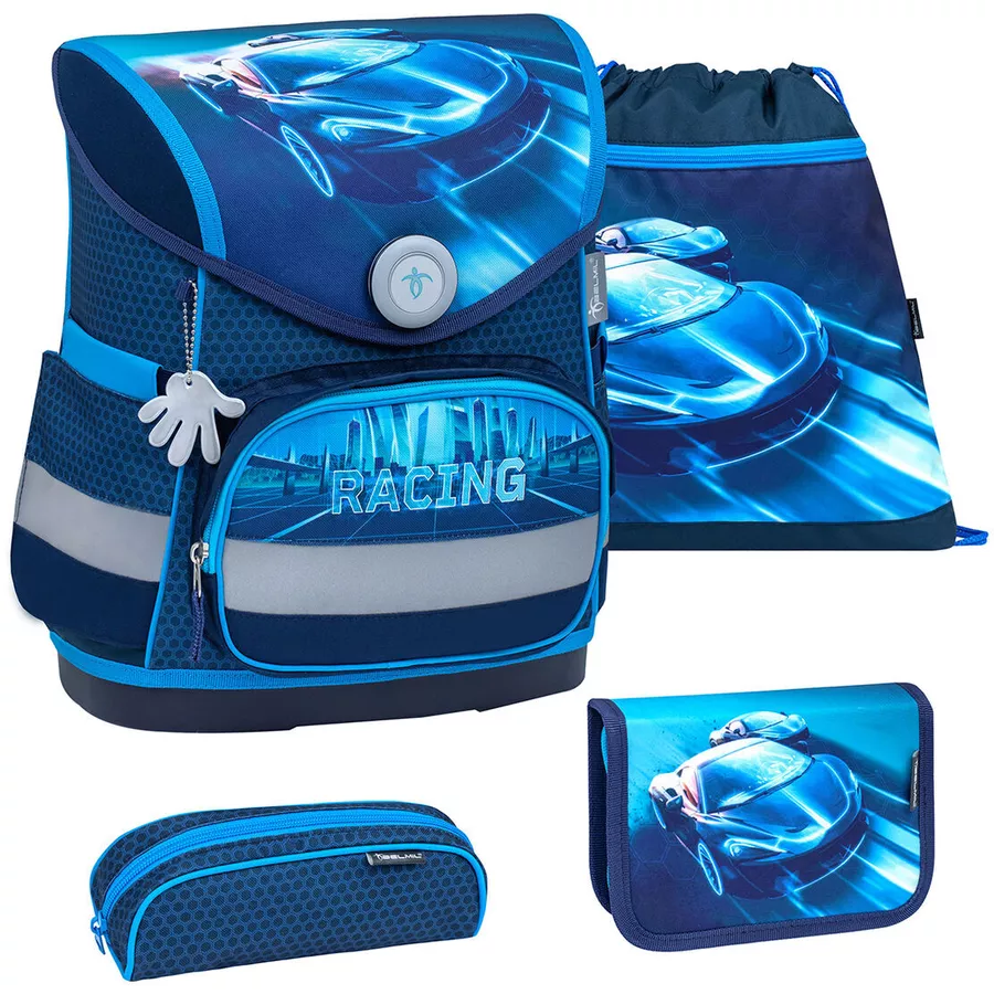Belmil Schulranzen Compact Schulranzen Set 4-teilig mit Brustgurt Racing Blue Neon