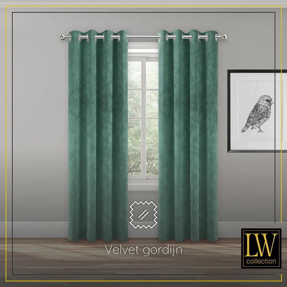 LW Collection Gordijnen Groen 245x290cm Velvet Kant en klaar 1 stuk