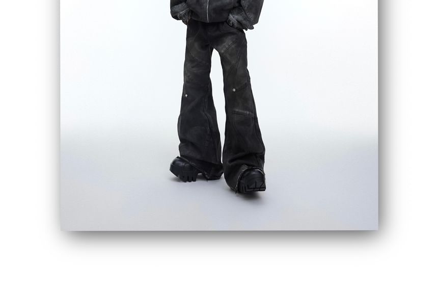 Kooklay - Gewassen paneel capuchon rits denim jack / Mid Rise Fray Flared jeans / Set