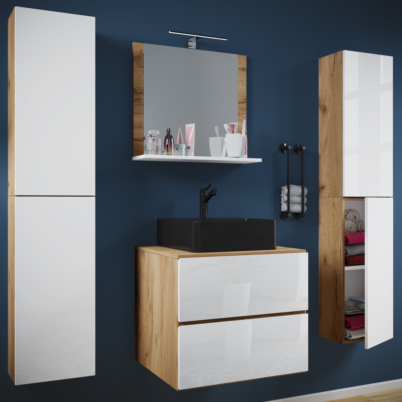 5-teiliges Badmöbel-Set LENDAS BL XL - Honig Eiche - weiß - 60 cm