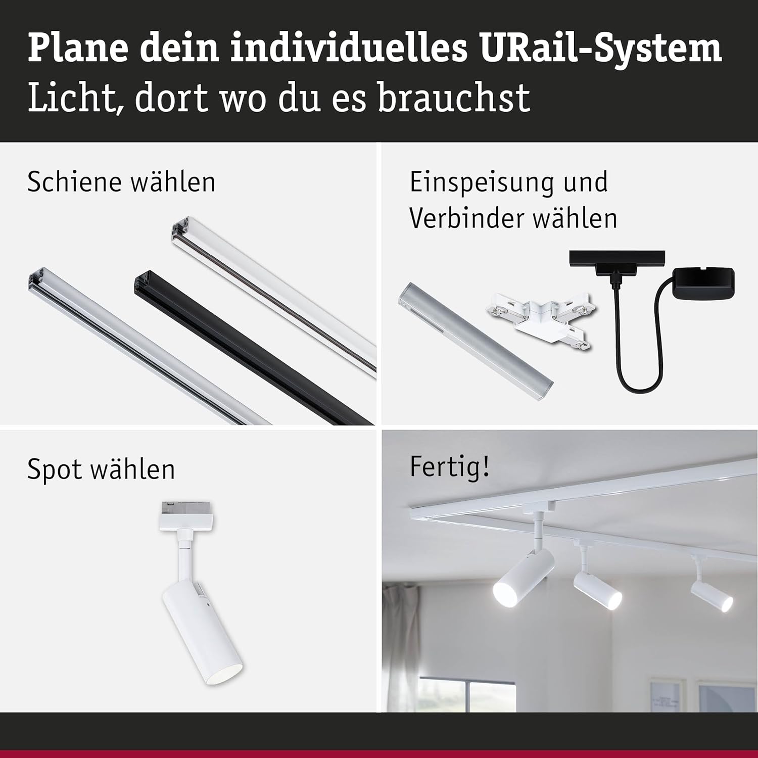 Paulmann 5243 URail LED Schienenspot Tubo Starterset 3x150lm 3x4W 3000K dimmbar 230V Signalweiß