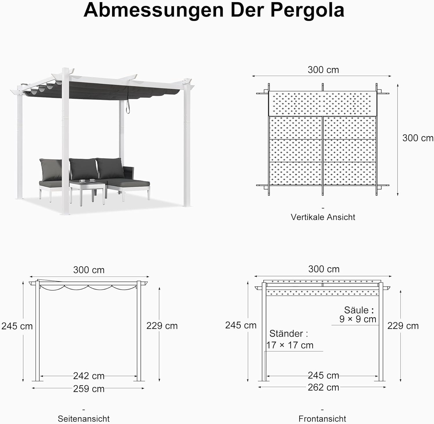 PURPLE LEAF Pergola 3 x 3 m aus Weiß Rahmen, Pavillon Aluminium Pergola Sonnenschutz Überdachung mit Einziehbarem Dach, Terrasse Pergola mit Markisenschutz, UV Beschattung, Grau