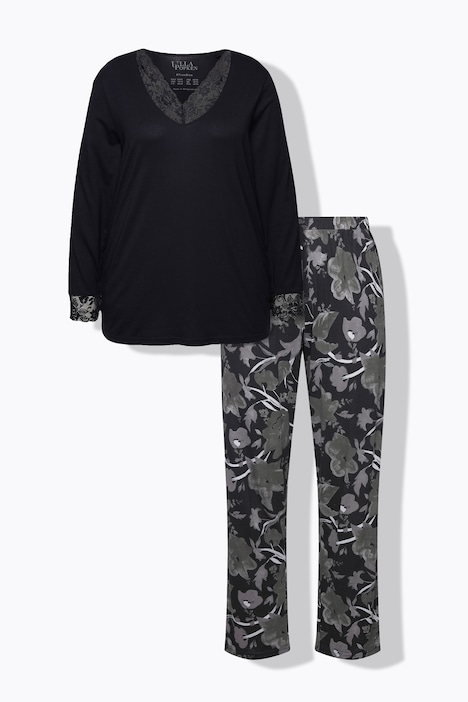 Pyjama, Spitze, V-Ausschnitt, Langarm, Modalmix