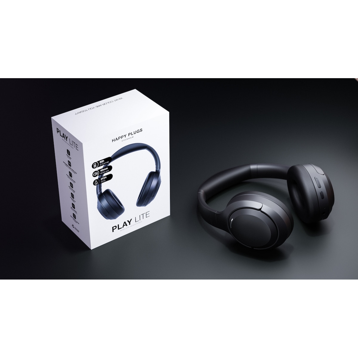 Happy Plugs Play Lite helt trådløse around-ear hodetelefoner (sort)