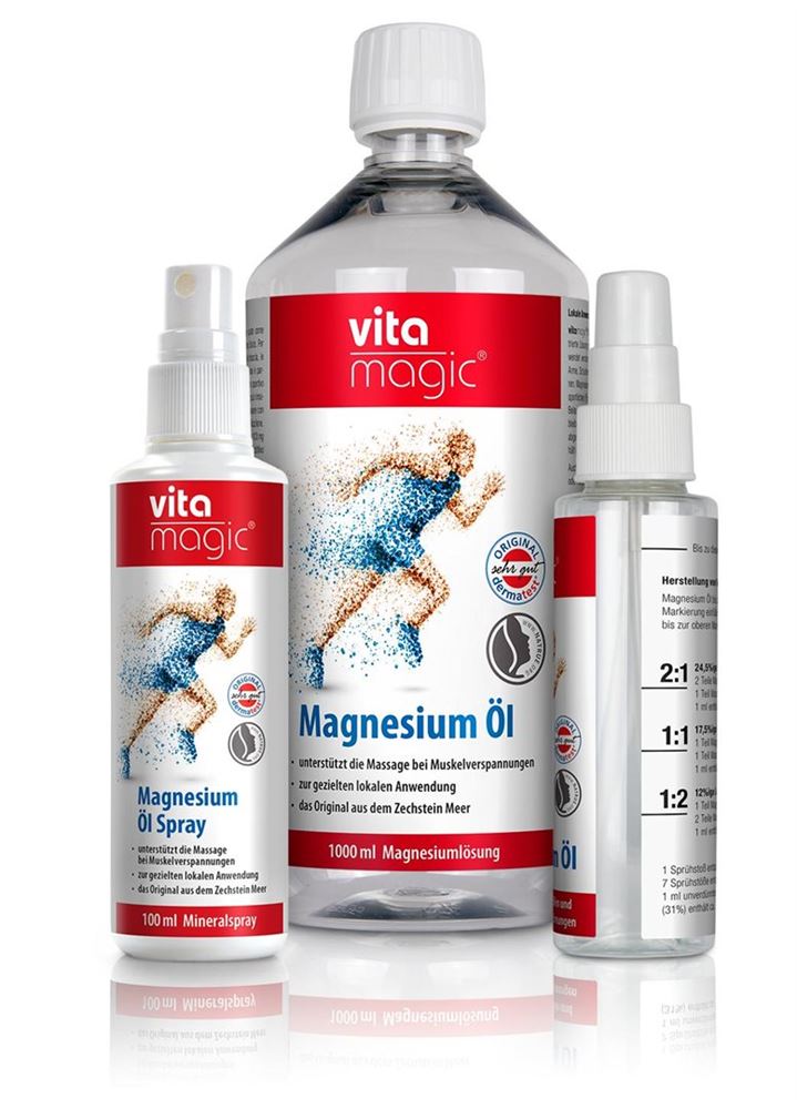 VITAMAGIC Magnesium Öl Set Spray Öl Nachfüllflasche 1 lt   Leerflasche 100ml 1 Stk