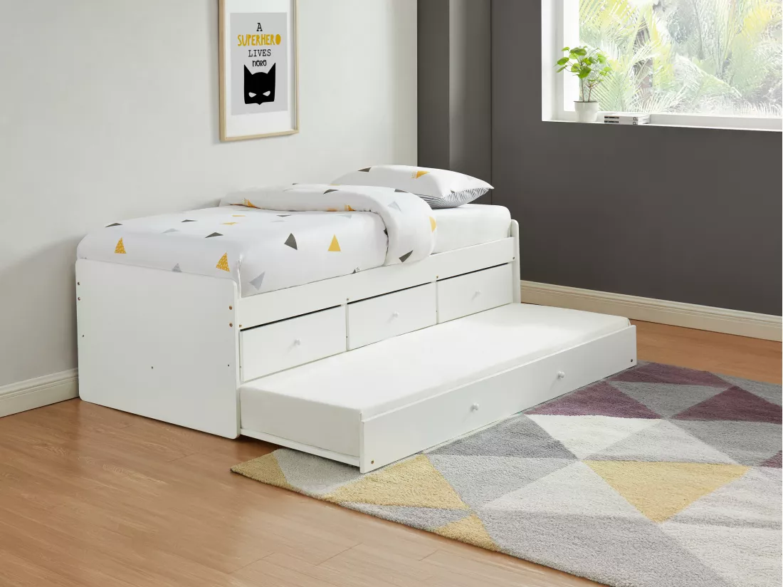 Lit gigogne TITOUAN avec 3 tiroirs - 90 x 190 cm - MDF et Pin - Blanc