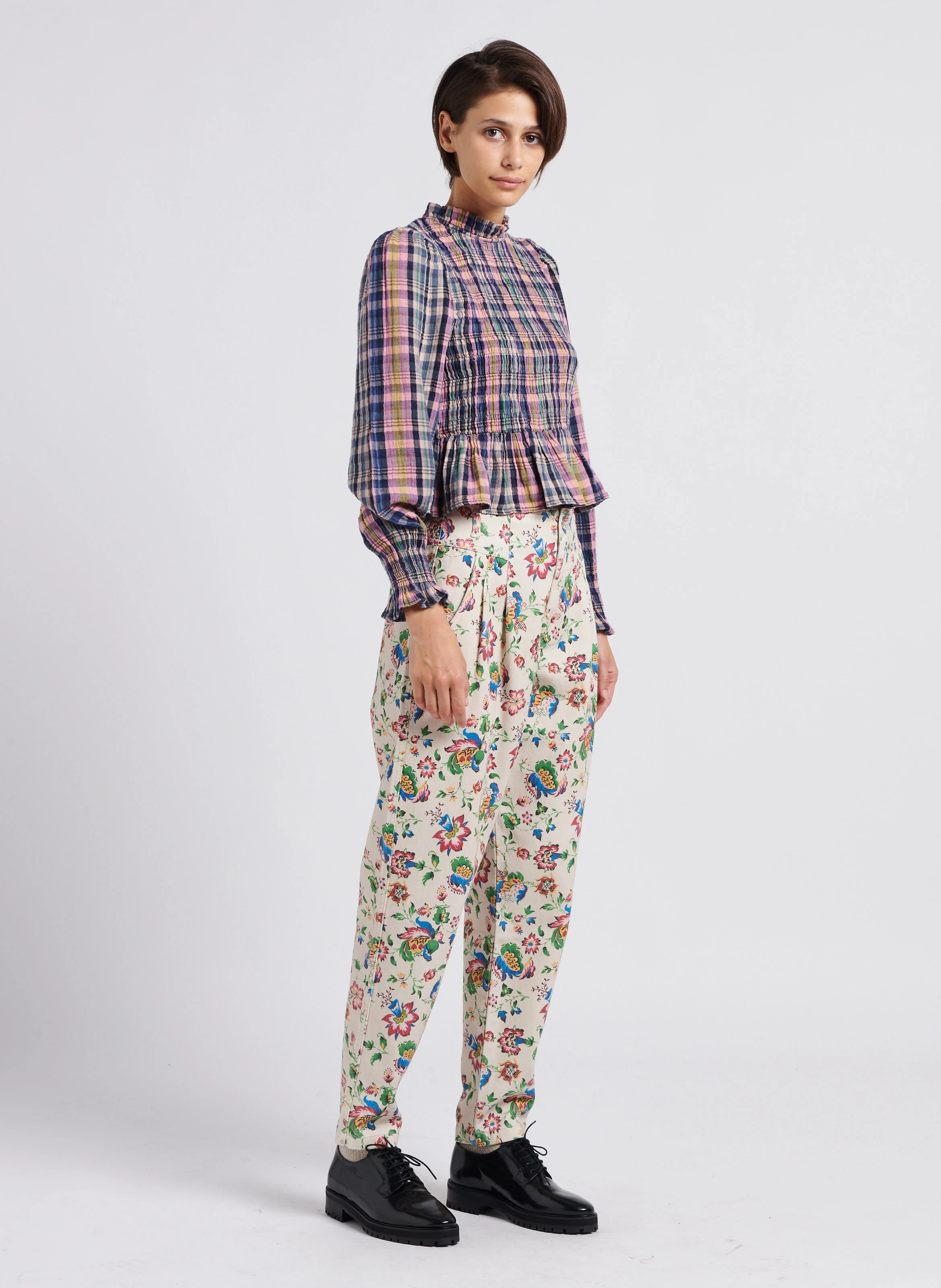 RENE - Pantalon carotte imprimé à fleurs en coton mélangé | Bleu