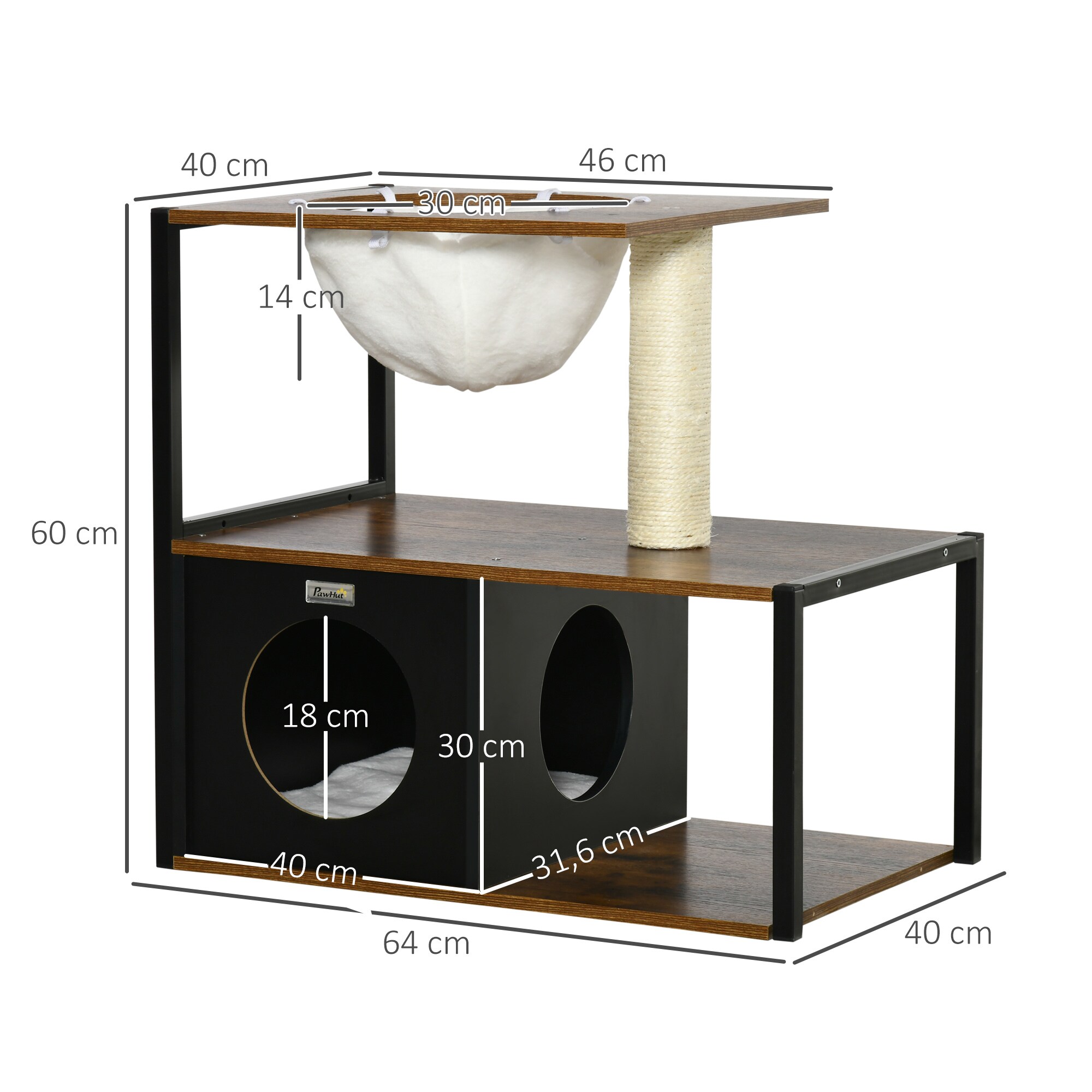 PawHut Katzenhaus mit Kratzstamm schwarz, natur 64L x 40B x 60H cm