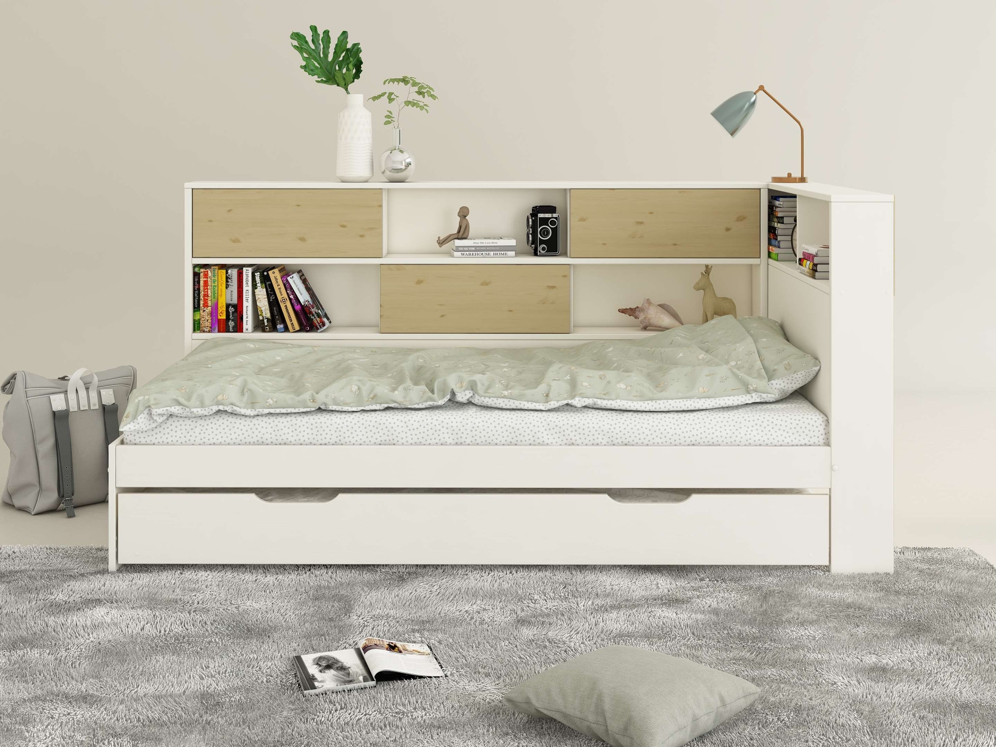 Home affaire Stauraumbett »Amance, Kopfteil beidseitig montierbar, stabil und langlebig, Stauraum« Aussenmasse B/T/H: 110,2/220,1/106,9 cm,  FSC® zertifiziert, inklusive Lattenrost,  Made in EU,Massivholz + MDF