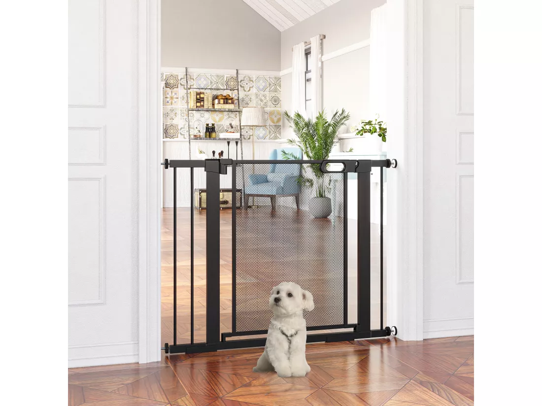 Barrière de sécurité animaux - longueur réglable dim. 75-103 cm - porte double verrouillage, ouverture double sens -sans perçage - acier ABS noir