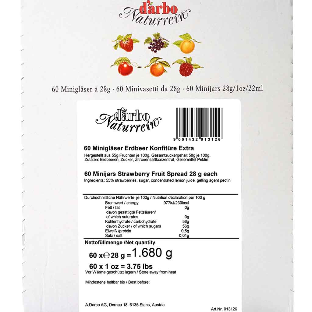 Darbo Naturrein Konfitüre extra Erdbeeren Minigläser 60x28g=1680g MHD:10.10.26