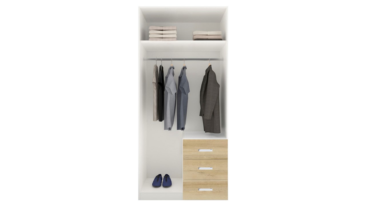 Draaideurkast Compact met laden en hout- en spiegeldeuren wit/eiken