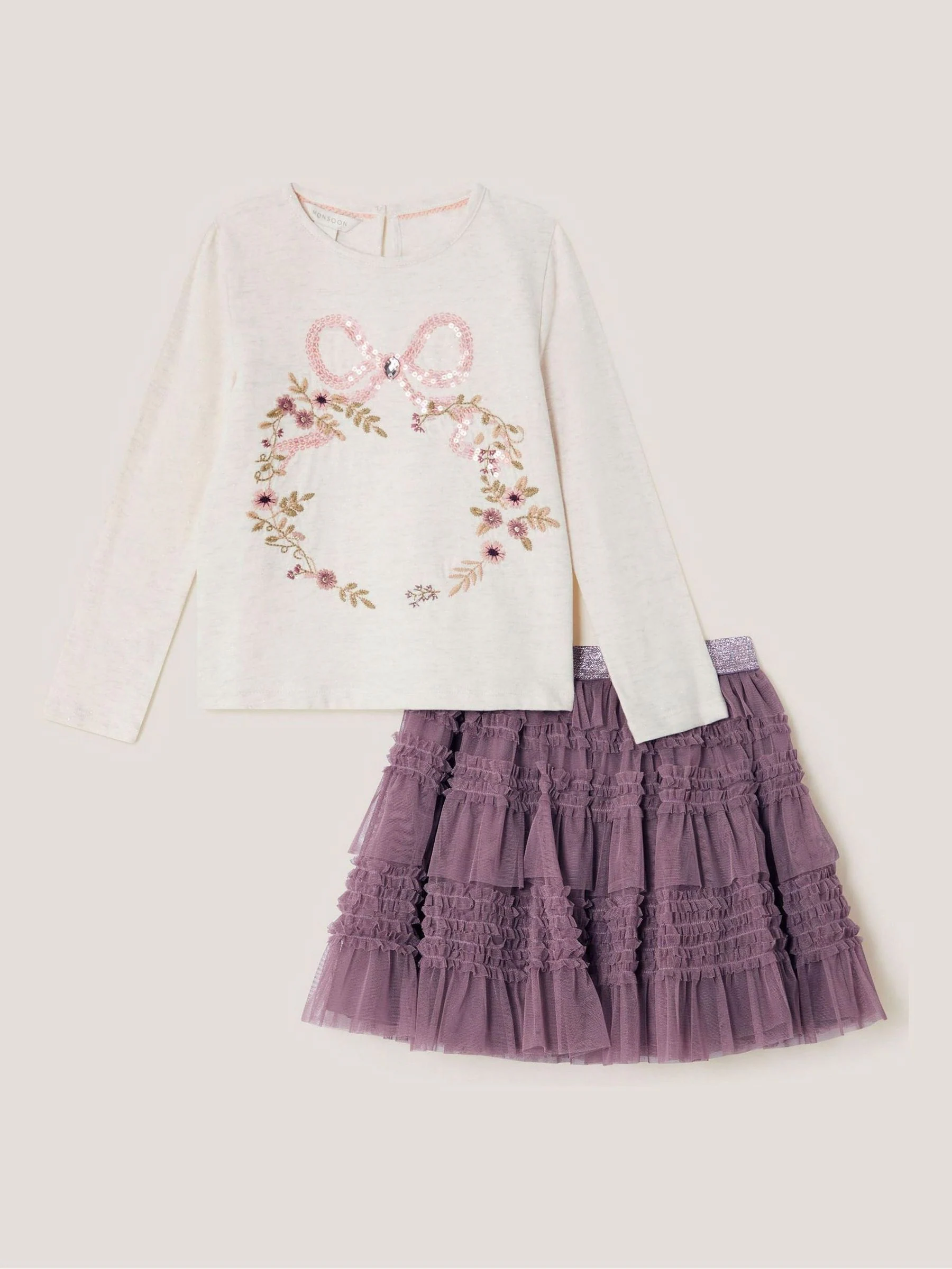 Monsoon Floral Embroidered Top & Ruffle Skirt Set