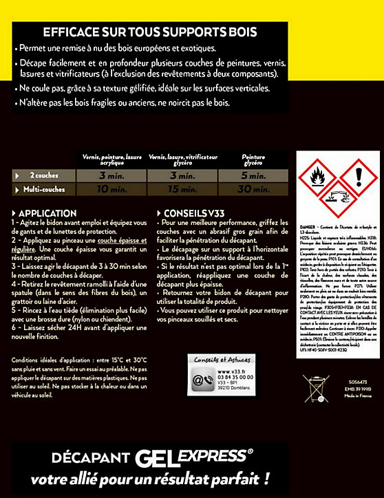 Décapant Gel Express V33 spécial bois 1L + 20% gratuit