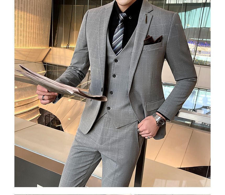 Deepwood - Set: Geruite blazer met één knoop + V-hals vest met knoopjes + pantalon