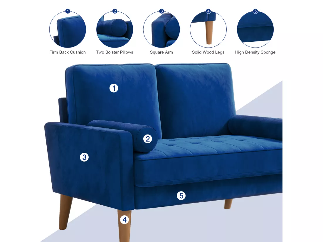 Canapé à 2 Places Scandinave,Mini Canapé à Bras Roulés en Velours Loveseat,Fauteuil Salon avec Accoudoirs,121x77x87cm - Bleu