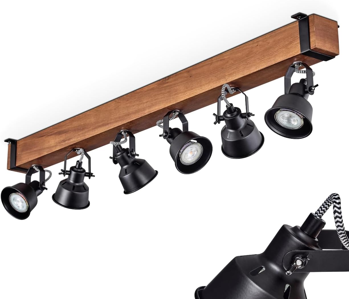 Deckenleuchte Safari, moderne Deckenlampe aus Metall/Holz in Schwarz/Dunkelbraun, Deckenleuchte im Industrial Design mit verstellbaren Schirmen, 6-flammig, 6 x GU10 ohne Leuchtmittel