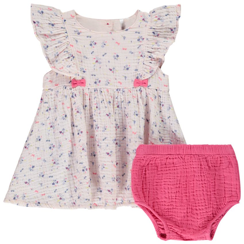 Ensemble robe + bloomer en double gaze de coton pour bébé fille - Rose