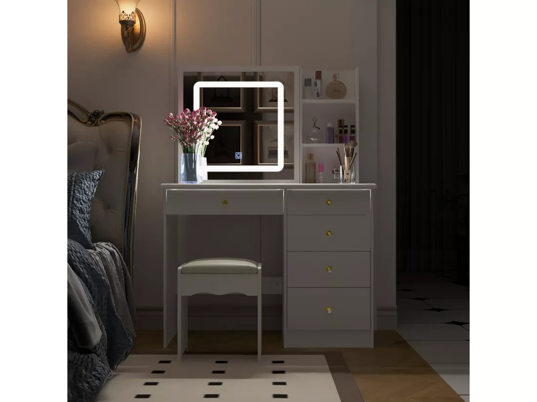 Coiffeuse avec éclairage LED et miroir coulissant,éclairage tricolore,tabouret,5 tiroirs,100x50x136cm
