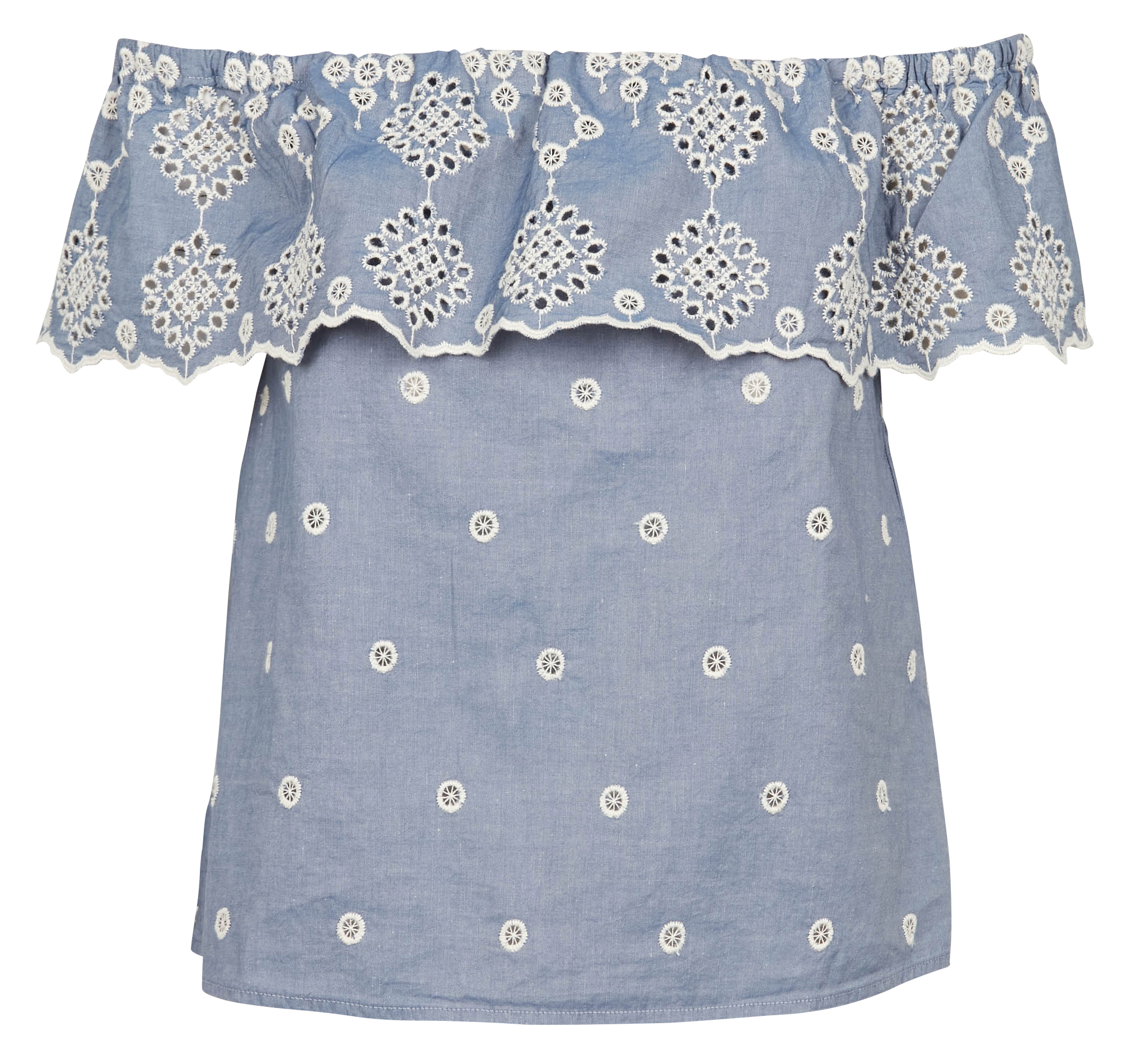 LORETO - Top encolure bardot brodé en coton en lin | Bleu