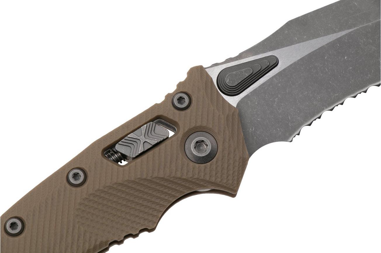 Microtech Amphibian 137RL-11APFLGTTA, Apocalyptic Stonewashed M390MK, Fluted Tan G10, partly serrated zakmes