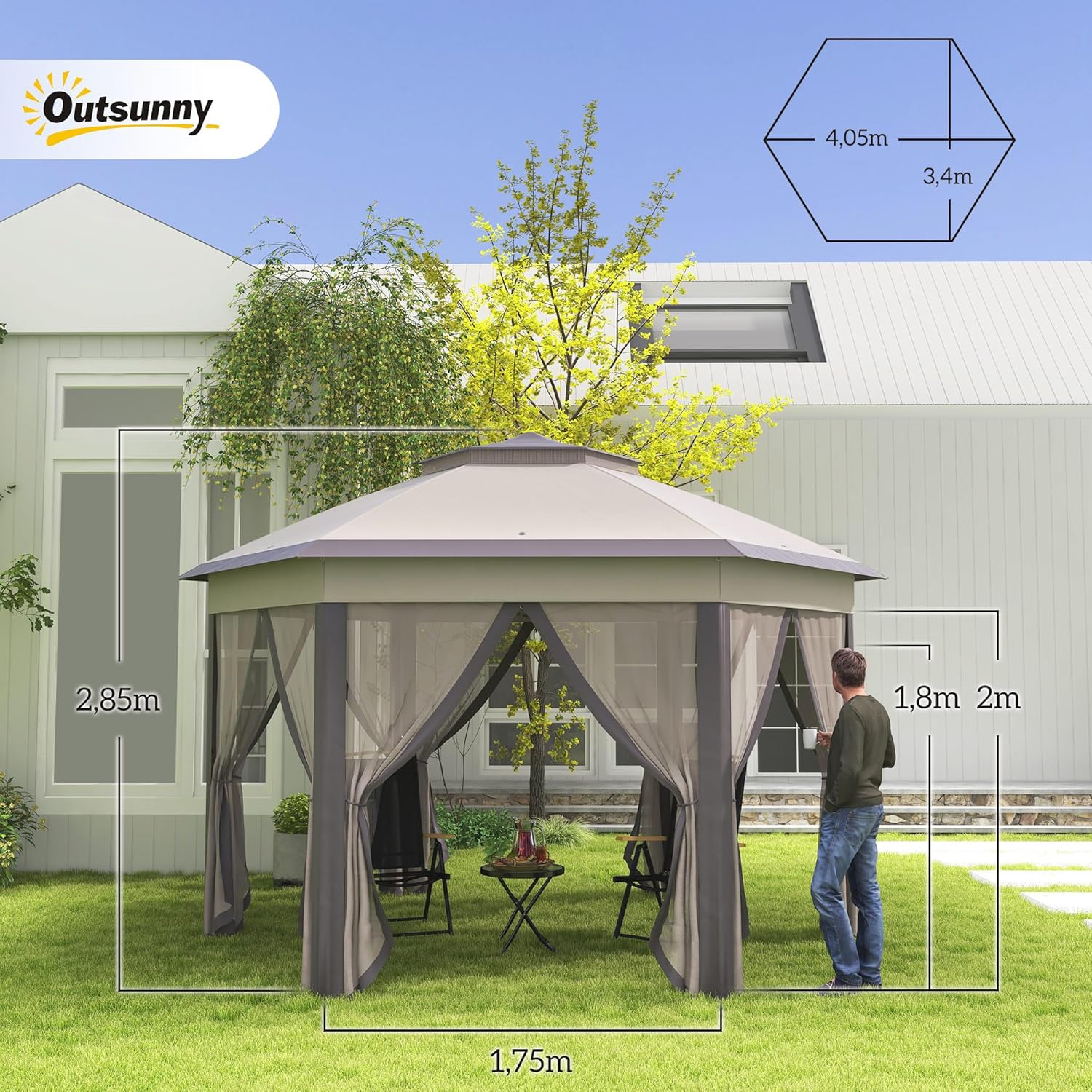 Outsunny Pavillon 4x4m Wasserdicht Pop-up sechseckiger Faltpavillon, Doppeldach, Gartenpavillon mit 6 Seitenteilen, Partyzelt inkl. Tragetasche, für Garten, Terrasse, Festival, Kaffee+Beige