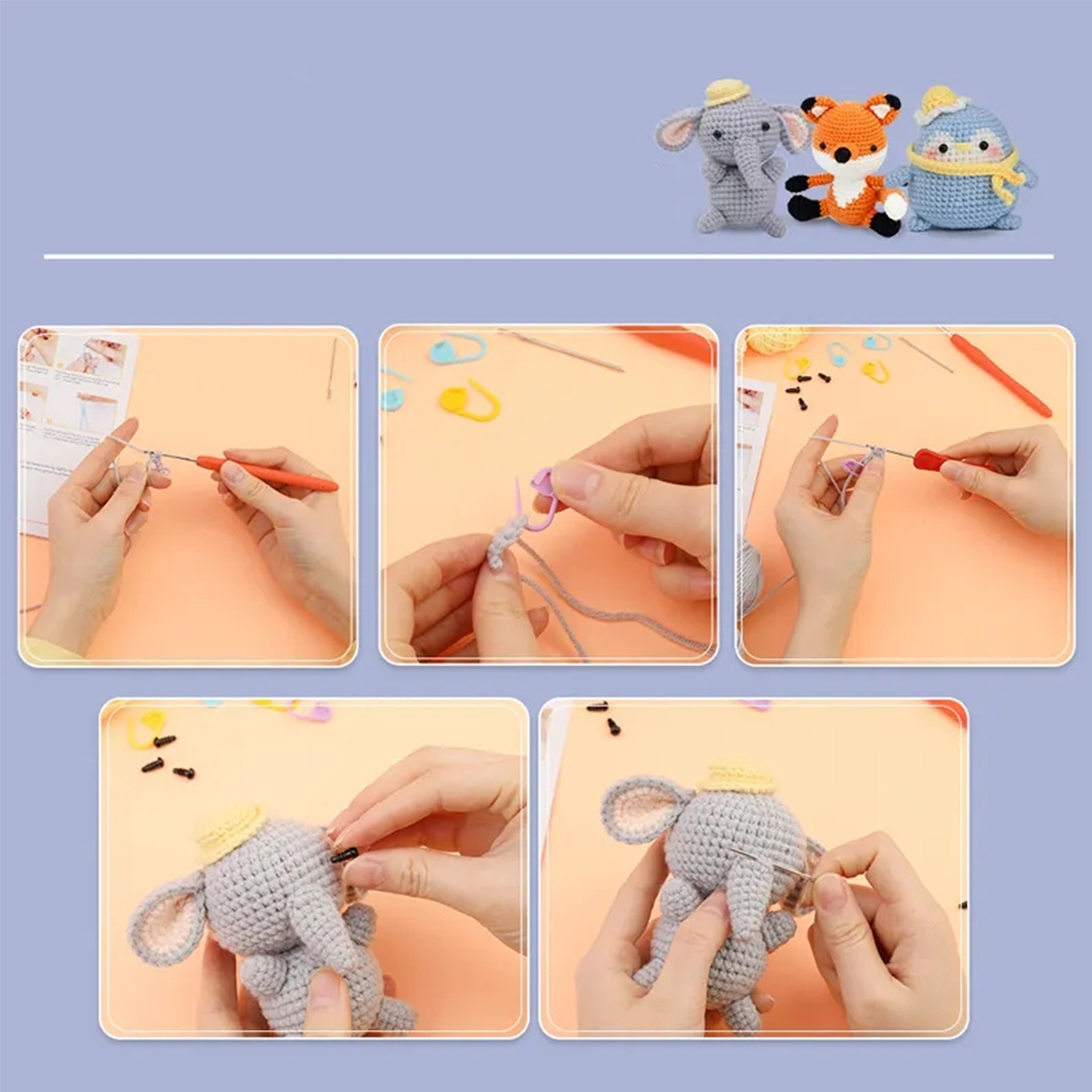 (17-tlg. Set) Häkel Handwerk Starter Kit DIY Mercerie Bastelkunst inkl. Wolle / Häkelnadel - Elefant