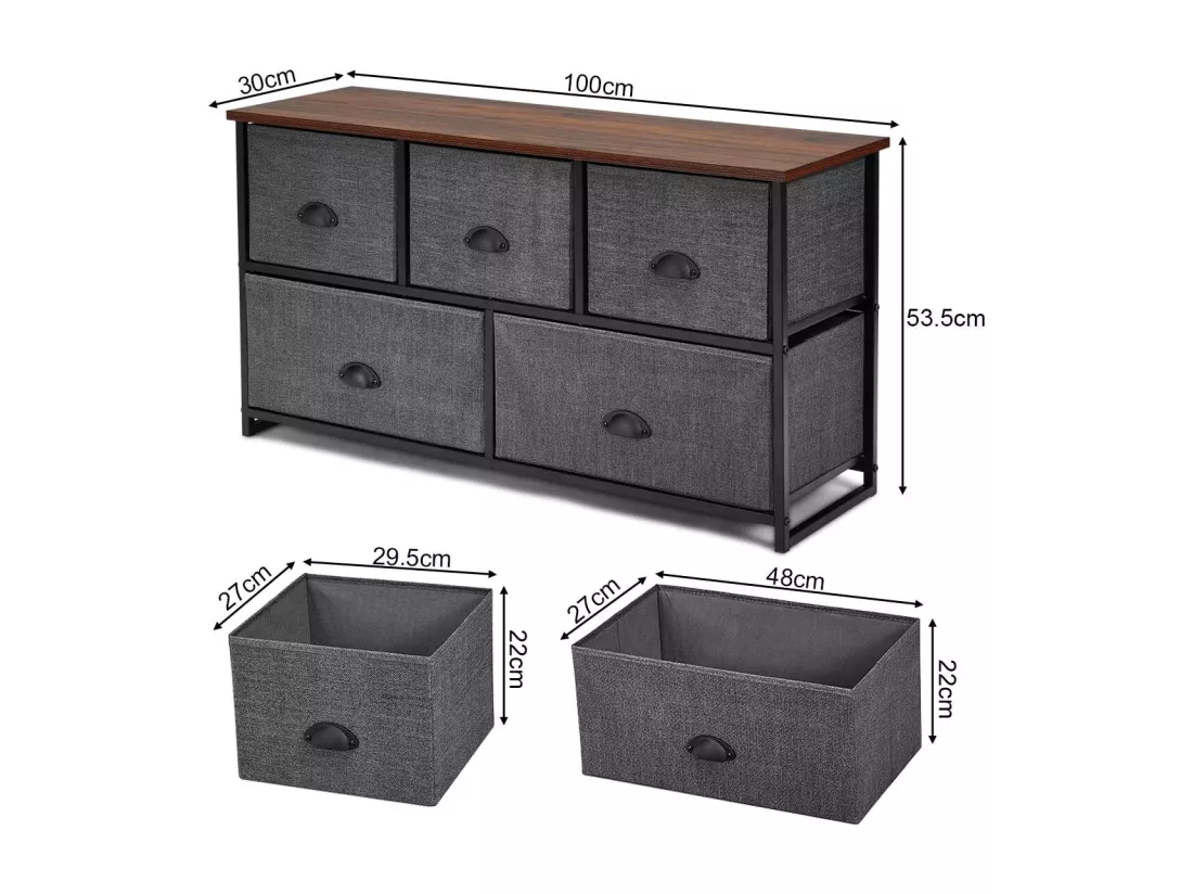 Meuble de Rangement à 5 Tiroirs Amovibles, Cadre Métallique, Boîtes de Rangement en Tissu pour Chambre 100 x 30 x 53,5 cm