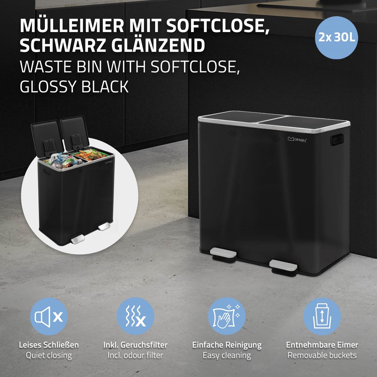 ML-Design Keuken Prullenbak 2x 30L (60L), Glanzend Zwart, Afvalscheidingssysteem met 2 compartimenten, Pedaalemmer voor afvalscheiding, Stalen bak, Uitneembare kunststof binnenemmer, Scharnierend deksel, Soft Close