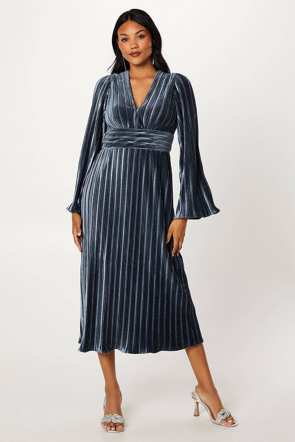 Coast Robe Crayon Plissée en Velours à Manches Longues