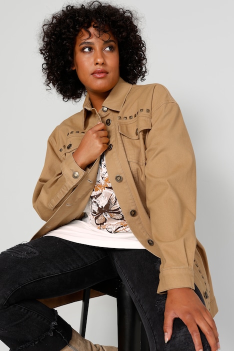 Longjacke, oversized, Ziernieten, Rücken-Stickerei, Langarm