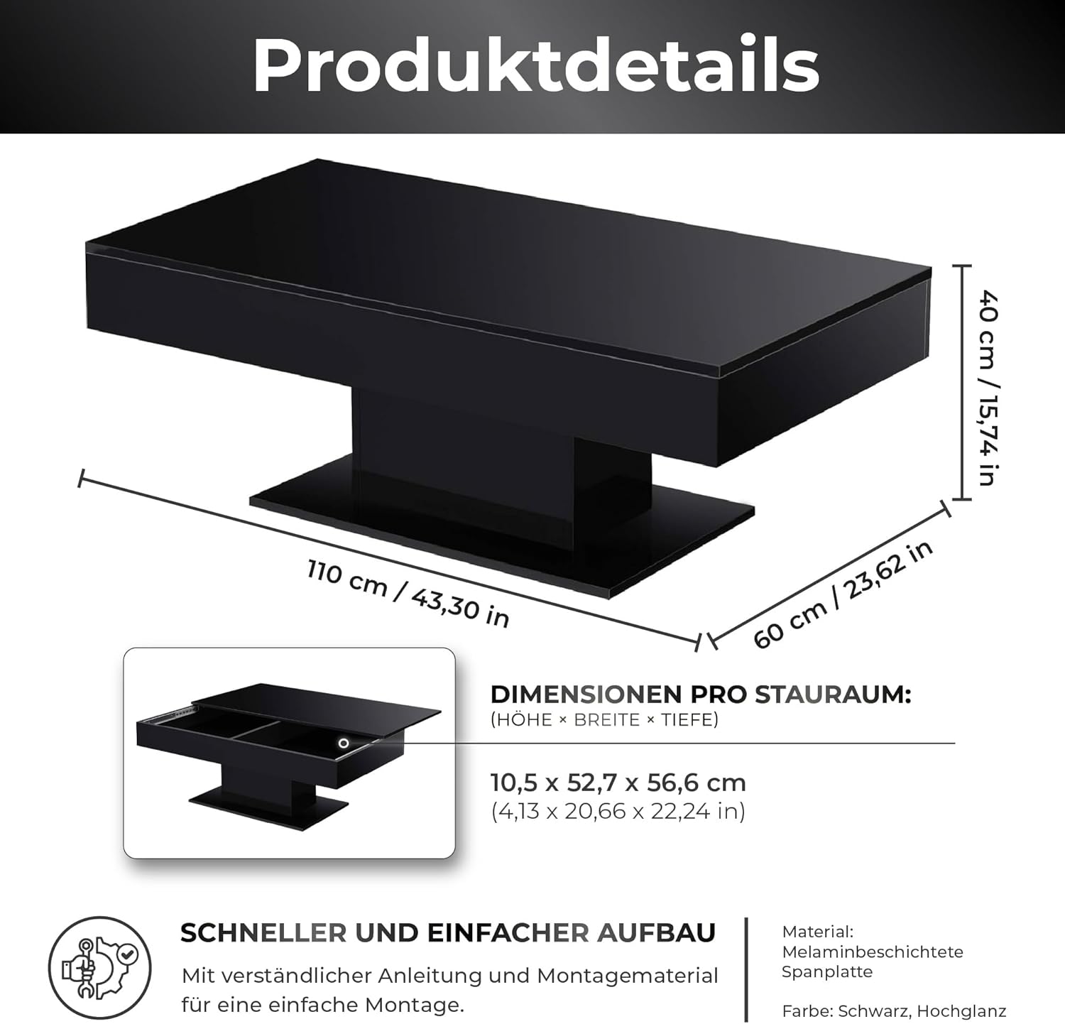 [en.casa] Couchtisch Lünen Wohnzimmertisch mit Stauraum Truhentisch Sofatisch mit ausziehbarer Tischplatte rechteckig 2 Staufächer 40 x 110 x 60 cm Schwarz Hochglanz