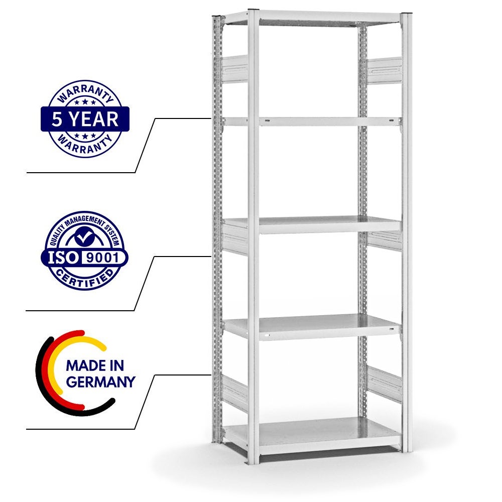 PROREGAL Stellingkast, insteeksysteem, T-profiel, extra zwaar, basiskast, hxbxd 200 x 75 x 40 cm, 5 legplanken, draagvermogen legplanken 315 kg, aan beide zijden te gebruiken, lichtgrijs