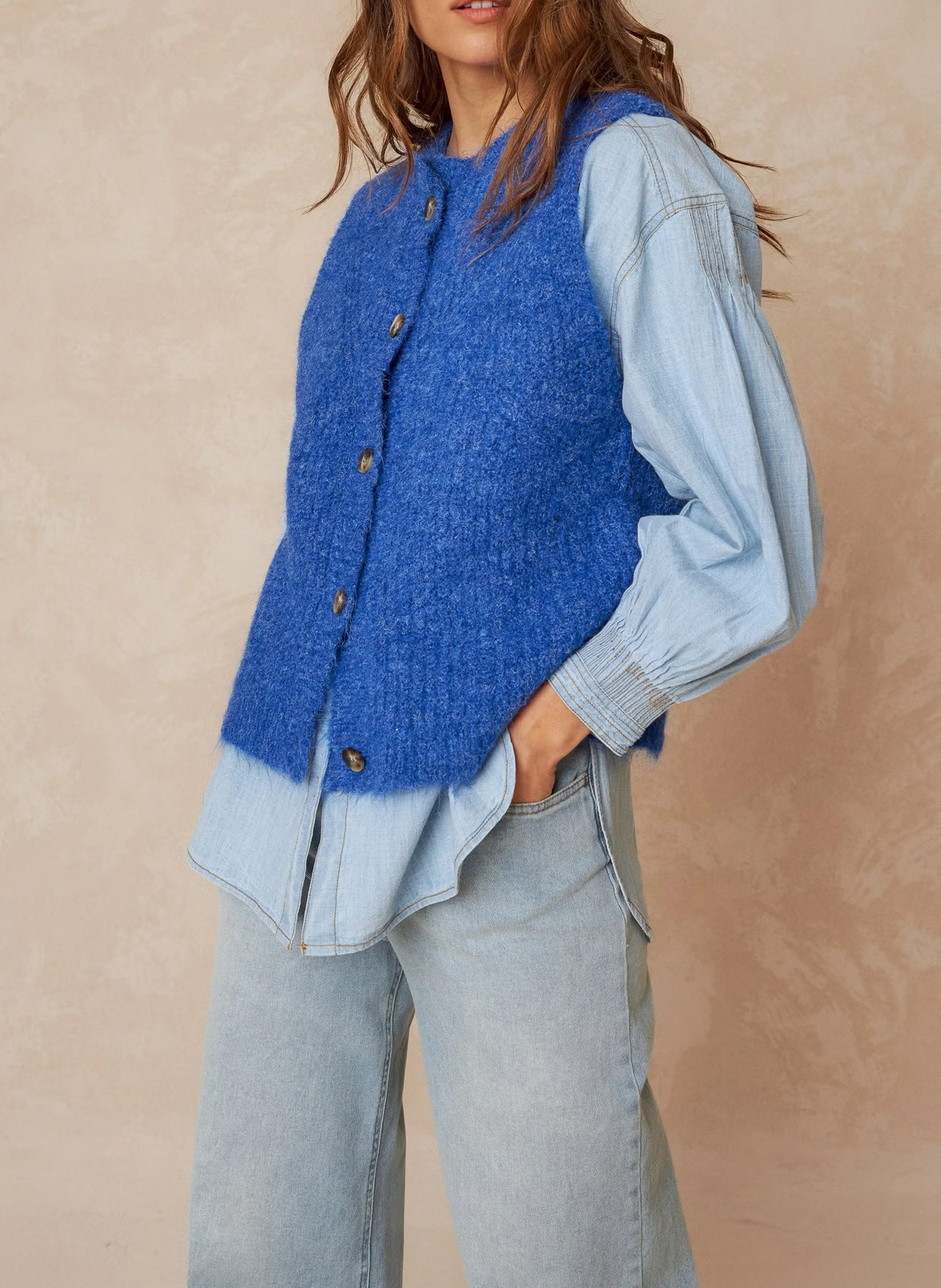 Gilet col rond| Bleu