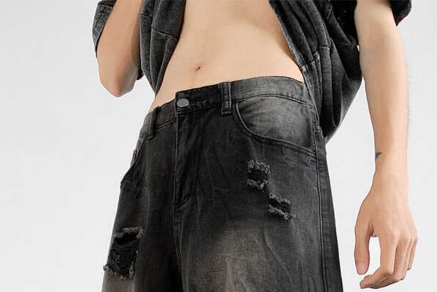 Fushet - Mid Rise Washed Distressed Denim Wijde Pijpen Jorts