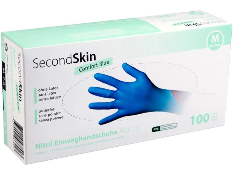 SecondSkin Einweghandschuh Nitril Comfort M, Blau, 100 Stüc Extra leichte Handschuhe, Grösse M aus Nitril