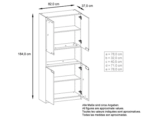 Armoire de rangement avec 5 compartiments et 4 portes, noir mat/chêne nature (82 x 184 x 37 cm)
